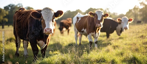 Hereford cow Bovine breed Brown and white cow grazing in the field Argentine livestock Cow in Argentine field Cattle for meat Identification of cattle in the ear Livestock industry