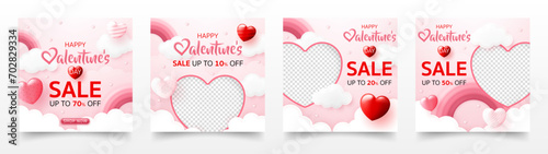 3D Happy valentine’s day sale banner template. special discount promotion sale offer with pink rainbow, sweet heart background for valentine online shop, store, advertising, web and social media post