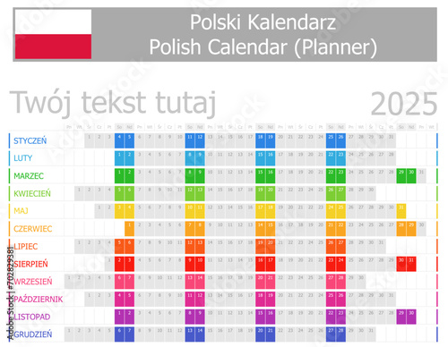 2025 Polish Planner Calendar with Horizontal Months on white background