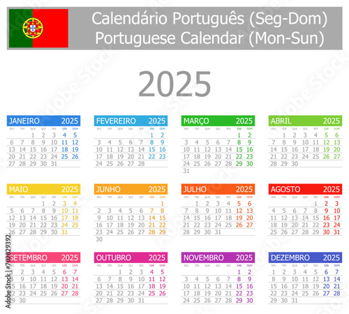 2025 Portuguese Type-1 Calendar Mon-Sun on white background