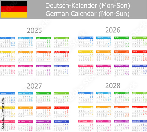 2025-2028 German Type-1 Calendar Mon-Sun on white background
