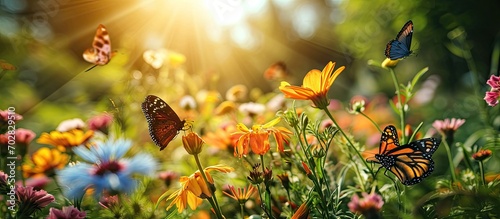Fototapeta Naklejka Na Ścianę i Meble -  How beautifully beautiful butterflies are floating on red pink misty kheri colored flowers it looks very beautiful full of green nature around open sky shining sun around. with copy space image