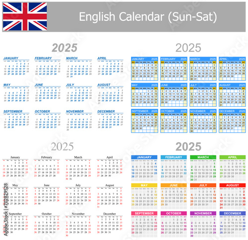 2025 English Mix Calendar Sun-Sat on white background