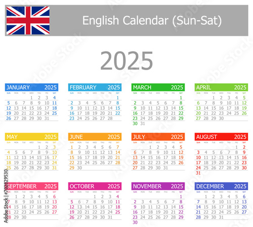 2025 English Type-1 Calendar Sun-Sat on white background