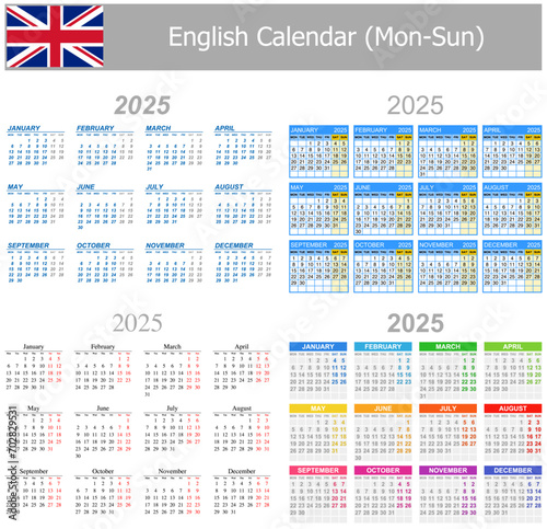 2025 English Mix Calendar Mon-Sun on white background