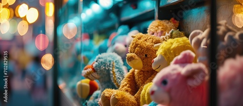 Image of soft toys inside a claw machine shot at a game zone. with copy space image. Place for adding text or design