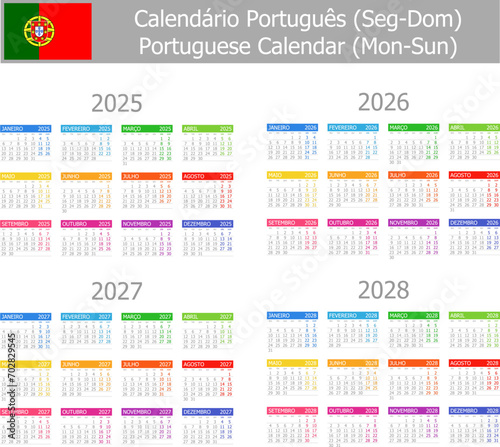 2025-2028 Portuguese Type-1 Calendar Mon-Sun on white background