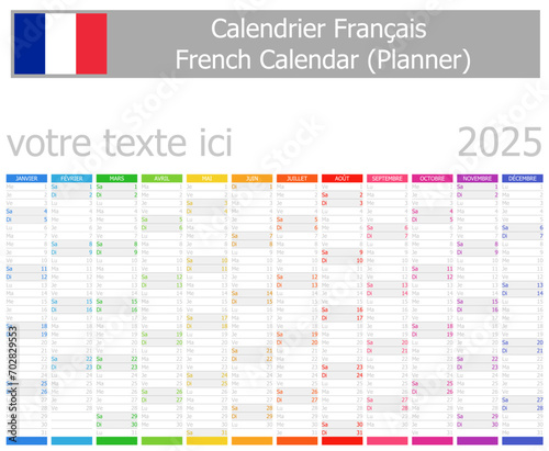2025 French Planner Calendar with Vertical Months on white background