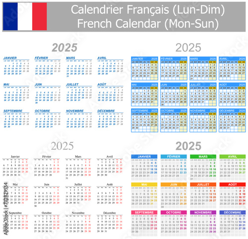 2025 French Mix Calendar Mon-Sun on white background