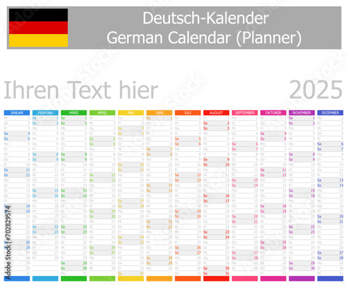2025 German Planner Calendar with Vertical Months on white background