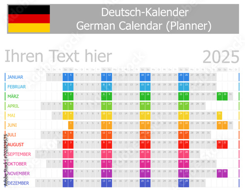 2025 German Planner Calendar with Horizontal Months on white background