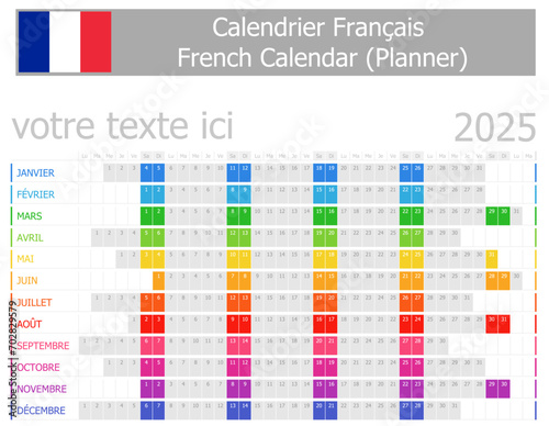 2025 French Planner Calendar with Horizontal Months on white background