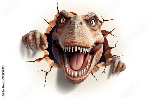 Funny T-Rex peeking out of a hole in the wall, torn hole, empty copy space frame, white background   photo