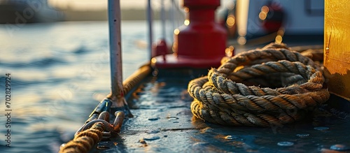 mooring rope and winch on the deck of a commercial ship mechanical device equipment for ship mooring in port. with copy space image. Place for adding text or design photo