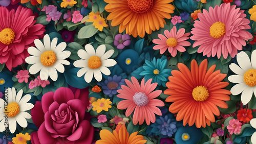 Wallpaper with beautiful, colorful flowers, mosaic