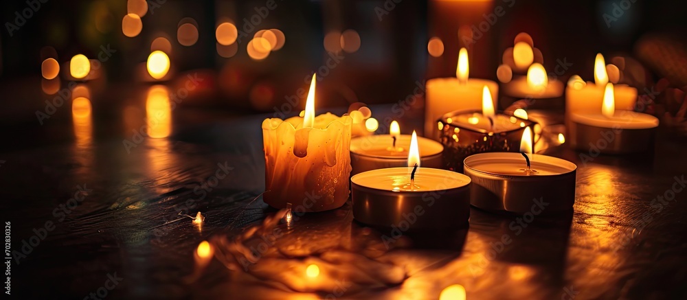 Many candle flames glowing in the dark create a spiritual atmosphere. with copy space image. Place for adding text or design Many candle flames glowing in the dark create a spiritual atmosphere. with copy space image. Place for adding text or design