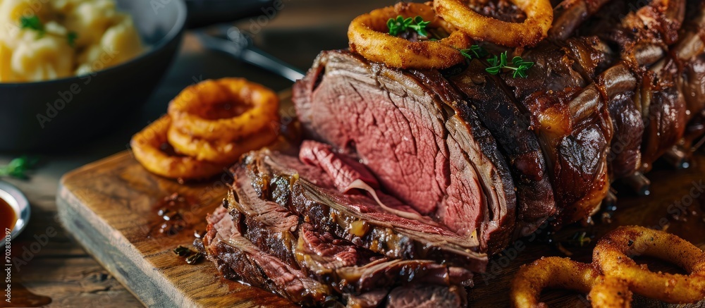 Modern style barbecue dry aged sliced roast beef with fried onion rings and mashed potatoes as closeup on a plate. with copy space image. Place for adding text or design Modern style barbecue dry aged sliced roast beef with fried onion rings and mashed potatoes as closeup on a plate. with copy space image. Place for adding text or design
