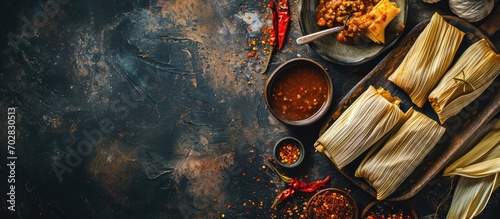 Mexican Tamale tamales of corn leaves with chili and sauces. with copy space image. Place for adding text or design