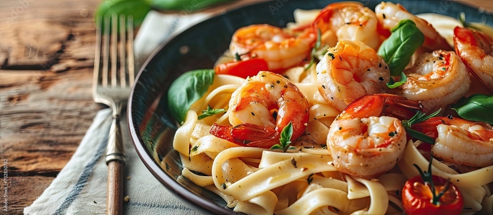 Φωτογραφία Italian pasta fettuccine in a creamy sauce with shrimp and tomato