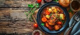 homemade chicken stew with tomatoes onions carrot and potatoes on plate. with copy space image. Place for adding text or design
