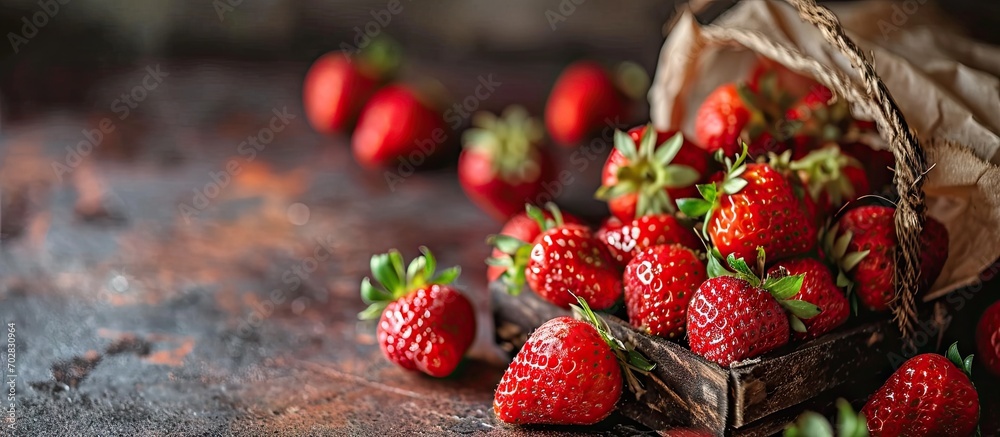 Harvest strawberries Packing strawberries in boxes for sale Fresh red strawberry berries in hand. with copy space image. Place for adding text or design