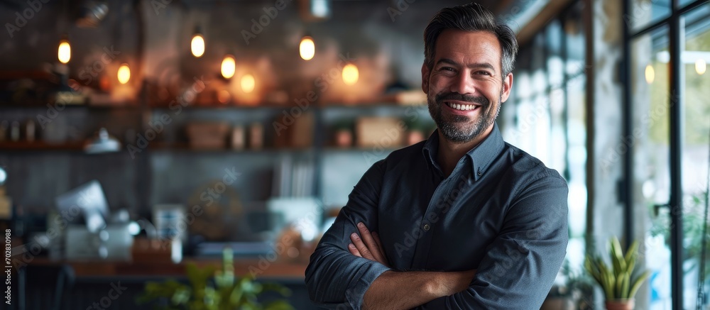Mature businessman standing in a co working space Happy mature businessman smiling at the camera while standing with his arms crossed Experienced entrepreneur working in a modern workspace
