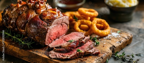 Modern style barbecue dry aged sliced roast beef with fried onion rings and mashed potatoes as closeup on a plate. with copy space image. Place for adding text or design photo