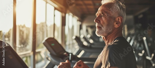Handsome Caucasian gray haired bearded senior athletic man runner in sportswear stands at the starting position on the treadmill ready for morning run Running Jogging Marathon Cardio workout photo