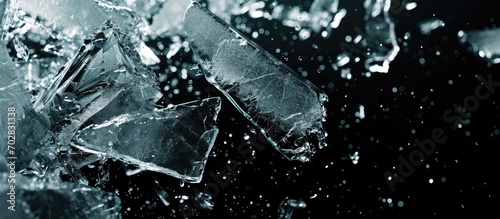 Hole in the ice a breakthrough on black background Shards of crushed ice spread away The explosion of ice Ice with cracks. with copy space image. Place for adding text or design