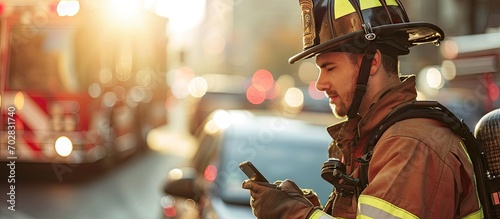 Male firefighter texting message on smartphone and speaking with coworker during break on fire station. with copy space image. Place for adding text or design photo