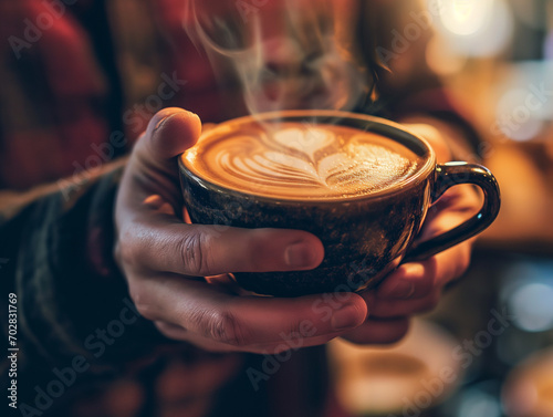 Portrait of a passionate coffee lover holding a latte art cup with a steam heart on it, in a cozy cafe setting with warm welcoming lighting