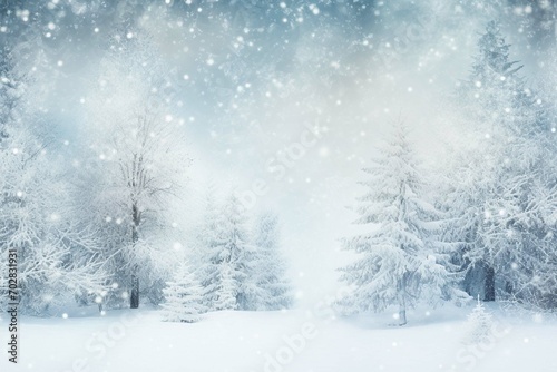 Winter white forest with snow, Christmas background 