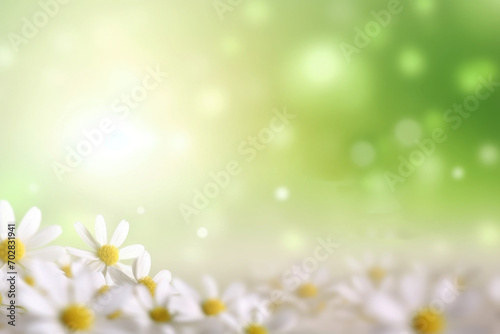 Beautiful daisy flowers on sunny spring meadow. Background with light bokeh and space for text. © pilipphoto