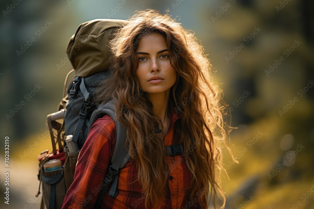 Young woman hiking and going camping in nature 