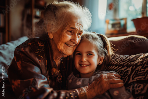 Happy grandmother with her granddaughter in a living room photo