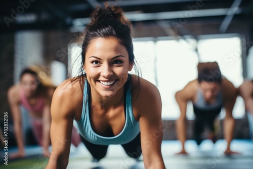 Young woman smiling while doing pushups in an exercise class