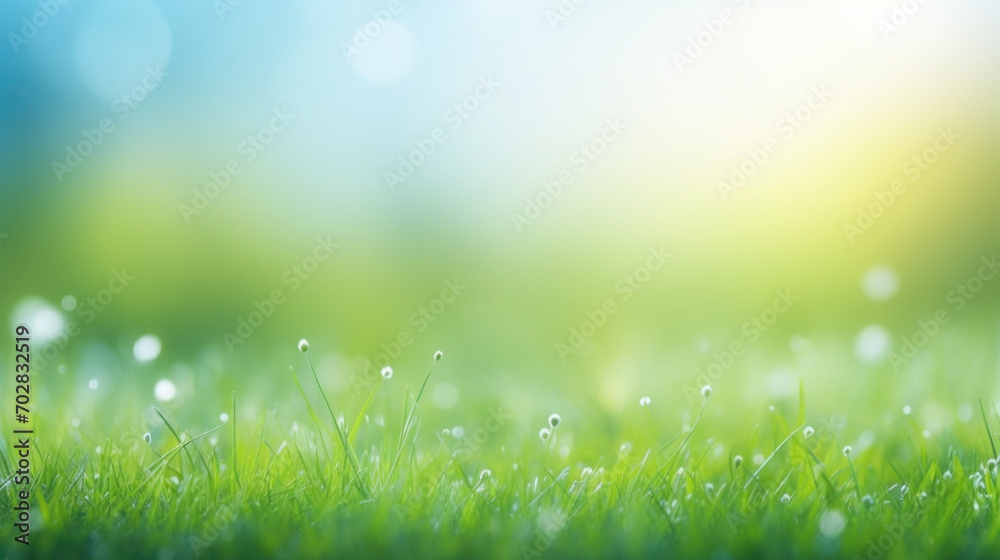 Beautiful sunny spring meadow with green grass and blue sky. Abstract background with light bokeh and space for text.