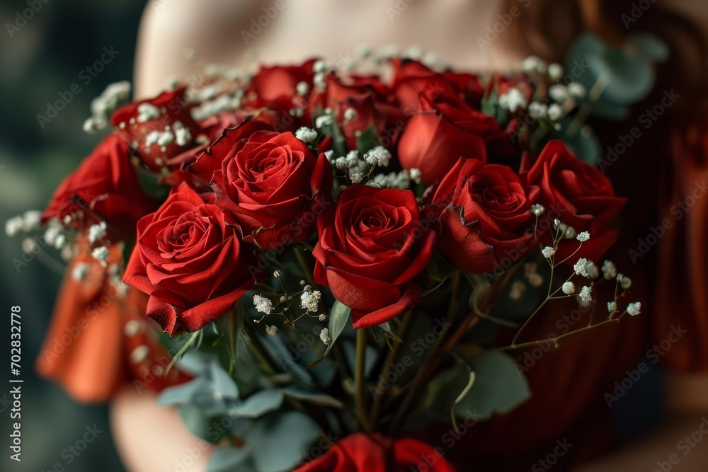 Intimate Moment with Roses.
An intimate portrayal of a woman holding a romantic bouquet of red roses close..