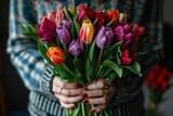 gentle bouquet of tulips held by caring hands, Generative AI