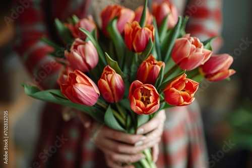 gentle bouquet of tulips held by caring hands, Generative AI © Veronica