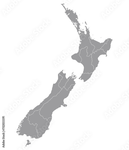 New Zealand map. Map of New Zealand in administrative provinces in grey color