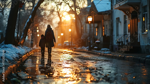 Lonely woman with a child walking o the street