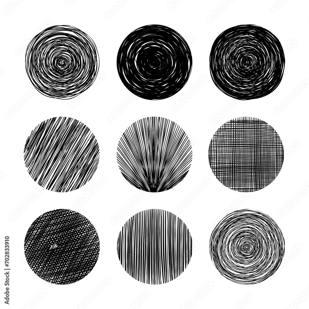 Zestaw ręcznie rysowanych kół. 9 okrągłych kształtów z linii. - obrazy, fototapety, plakaty 