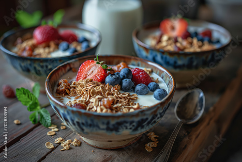 Bowls of oatmeal muesli with natural yogurt and blueberries, raspberries and strawberries on a wooden table.