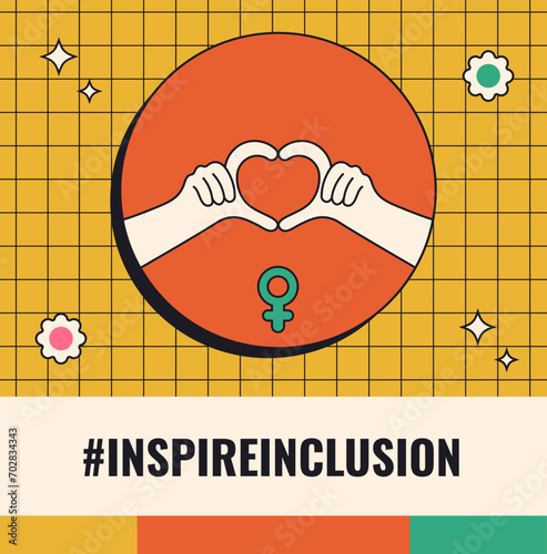 International Women's Day 2024 campaign #InspireInclusion. Geometric abstract design in the trendy retro Neo brutalism style. IWD 8 March Women's History Month. Inspire Inclusion feminism holiday.
