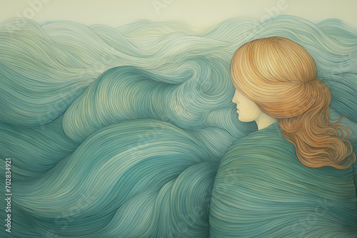 Illustration of woman watching waves. Emotion concept, dreamy style. photo