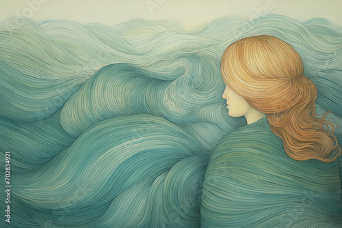 Illustration of woman watching waves. Emotion concept, dreamy style.