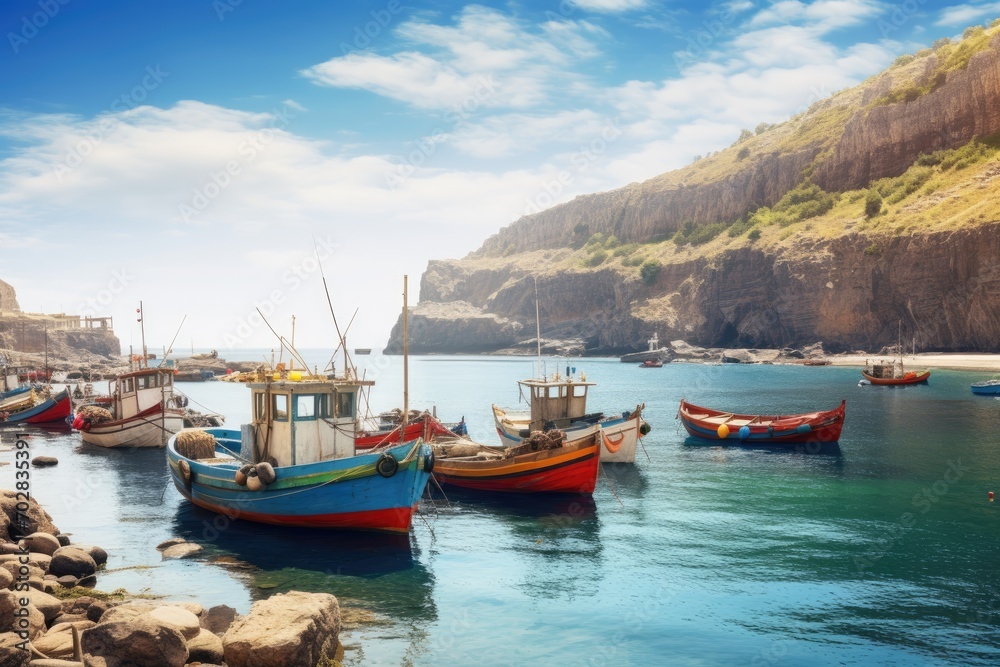 A traditional fishing village with colorful boats lined up along the shore A traditional fishing village with colorful boats lined up along the shore