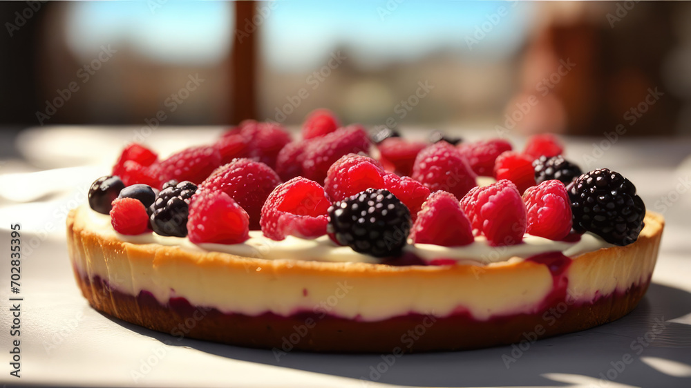 Raspberry and Blackberry cheesecake on the table.Generative AI Raspberry and Blackberry cheesecake on the table.Generative AI