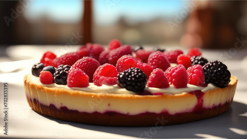 Raspberry and Blackberry cheesecake on the table.Generative AI
